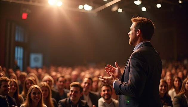 A male speaker standing and speaking in front of smiling audiences in the conference hall against spotlight background