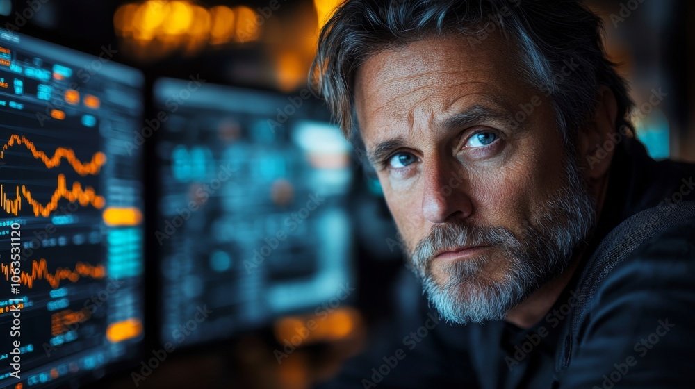 Poster A man with a thoughtful expression examines financial graphs and data on several screens in a dark office. The light from the monitors highlights his features.