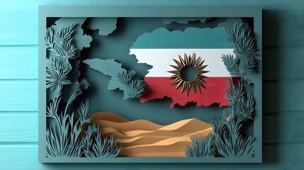 Papercut illustration for Sudan National Day, layered Sudanese flag with desert landscape in background, bold layered look, national pride