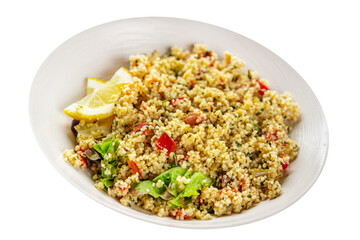 tabbouleh bulgur couscous with vegetables dish fresh delicious vegetarian and vegan food gourmet food background on the table rustic food top view copy space keto and paleo diet