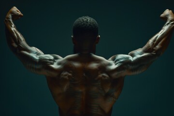 A powerful portrait of a muscular man's back flexing against a dark background, showcasing defined muscles and strength.