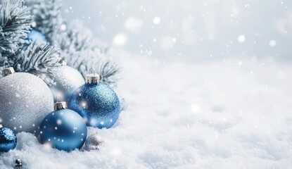Blue and white Christmas ornaments rest on snowy background, creating serene and festive winter scene with falling snowflakes