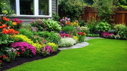 Naklejka premium Charming Cottage Garden with a Colorful Flower Mix