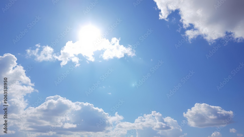 Wall mural blue sky background with fluffy white clouds, perfect for adding text or graphics, peaceful, weather