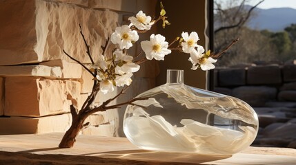 A delicate branch with white blossoms adorns a clear glass vase with an organic shape, resting upon a natural wood surface, bathed in warm sunlight.