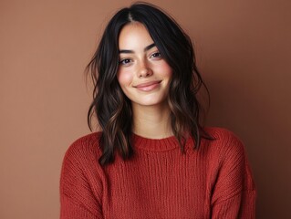 Fototapeta premium A young woman with dark wavy hair smiles confidently against a solid brown background, wearing a cozy rust-colored sweater.