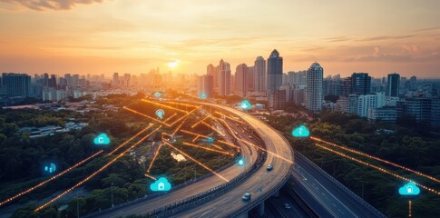 Fototapeta premium Aerial view of cityscape at sunset with digital cloud icons and network lines illustrating connectivity and smart city technology. vibrant scene highlights urban innovation