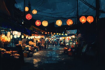 Obraz premium A night market in Thailand with stalls illuminated by bright lanterns in various colors