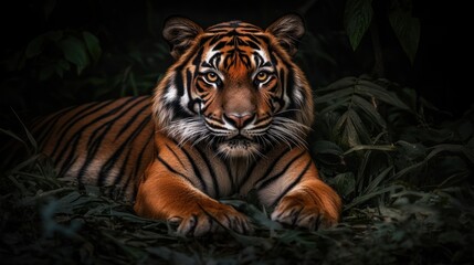 A majestic tiger with piercing yellow eyes stares intently at the camera, its orange and black stripes blending seamlessly with the lush green foliage of its jungle habitat.