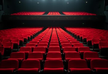 Obraz premium Empty cinema auditorium with red seats with spotlight background