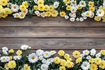 Obraz premium A old wooden plank background with a variety of yellow and white flowers, including daisies on the sides.