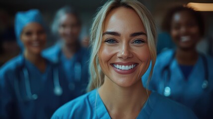 Fototapeta premium group portrait of joyful medical professionals including doctors and nurses united with smiles in a hospital setting showcasing teamwork and compassion in healthcare