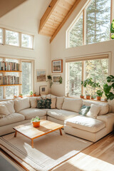 Cozy living room with large windows, natural light, and comfortable sectional sofa. space features plants, wooden accents, and warm atmosphere, perfect for relaxation