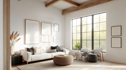 A bright and airy living room featuring modern sofa, decorative cushions, and stylish coffee table. Large windows allow natural light to fill space, enhancing cozy atmosphere