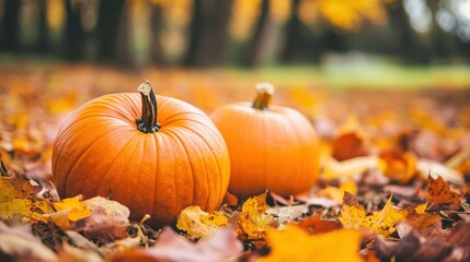 Autumn Garden with Pumpkins and Fallen Leaves
