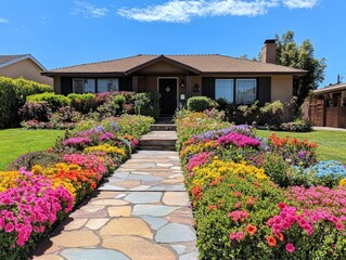 Obraz premium Charming suburban home with vibrant garden pathway under clear blue sky