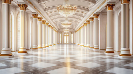 Bright Palace Hall with White Columns and Crystal Chandeliers