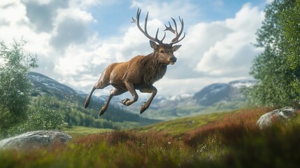 Fototapeta premium A majestic red deer leaps through the air against a backdrop of lush green fields, snow-capped mountains and a clear blue sky.