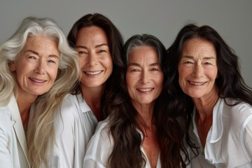 Fototapeta premium Studio shot of four diverse women with long hair, smiling and embracing natural beauty. They wear white outfits, set against a neutral background.
