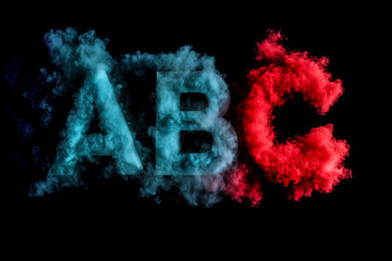 The letters A, B, and C, as colorful dust clouds and smoke and isolated on black.