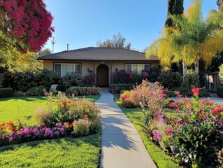 Obraz premium Charming suburban house with lush garden and vibrant landscaping in idaho