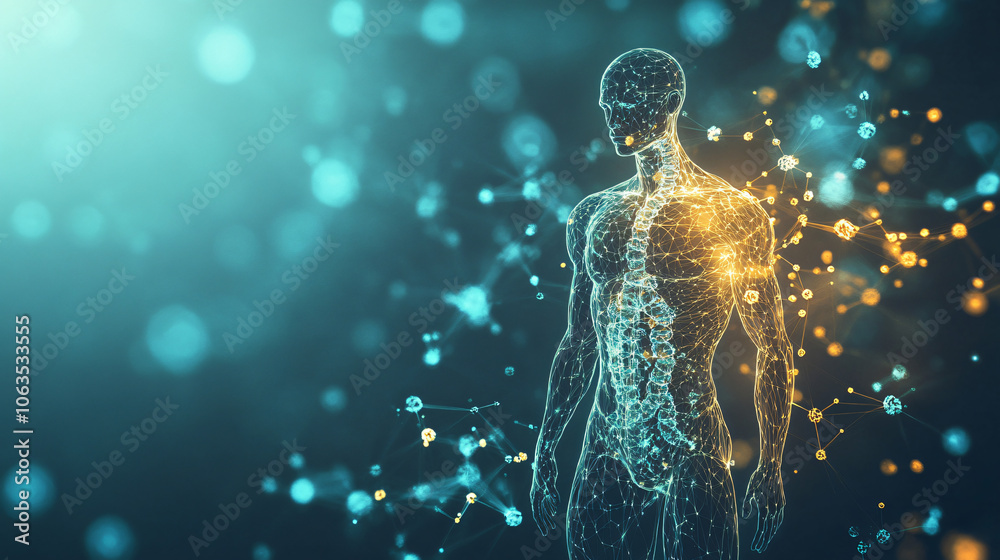 Aufkleber artistic depiction of the human body with illuminated nerves and twisting strands symbolizing dna