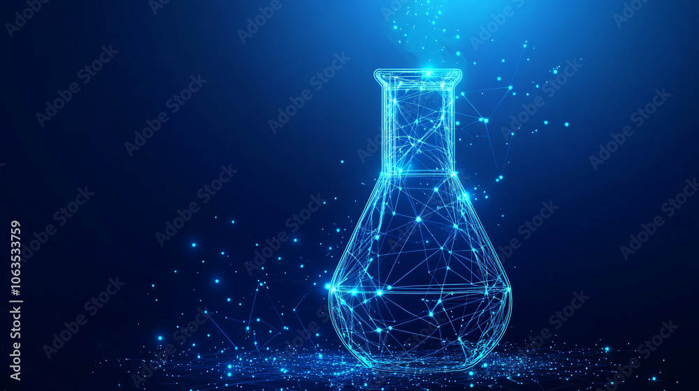 Poster erlenmeyer flask taking shape from particles against a blue backdrop, representing science and techn