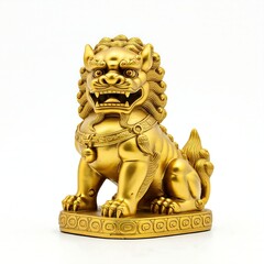 Chinese golden Foo Dog, guardian lion statue isolated on white background