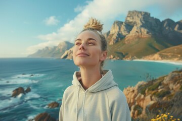Fototapeta premium Young woman enjoying a peaceful morning with scenic ocean view and mountains in the background, feeling refreshed and content.