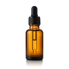An empty amber glass dropper bottle with black neck pipette isolated on white background