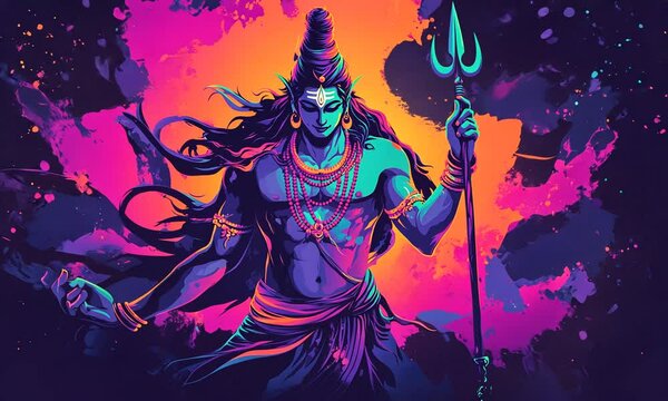 Hindu God Shiva with Trident and Vibrant Colors