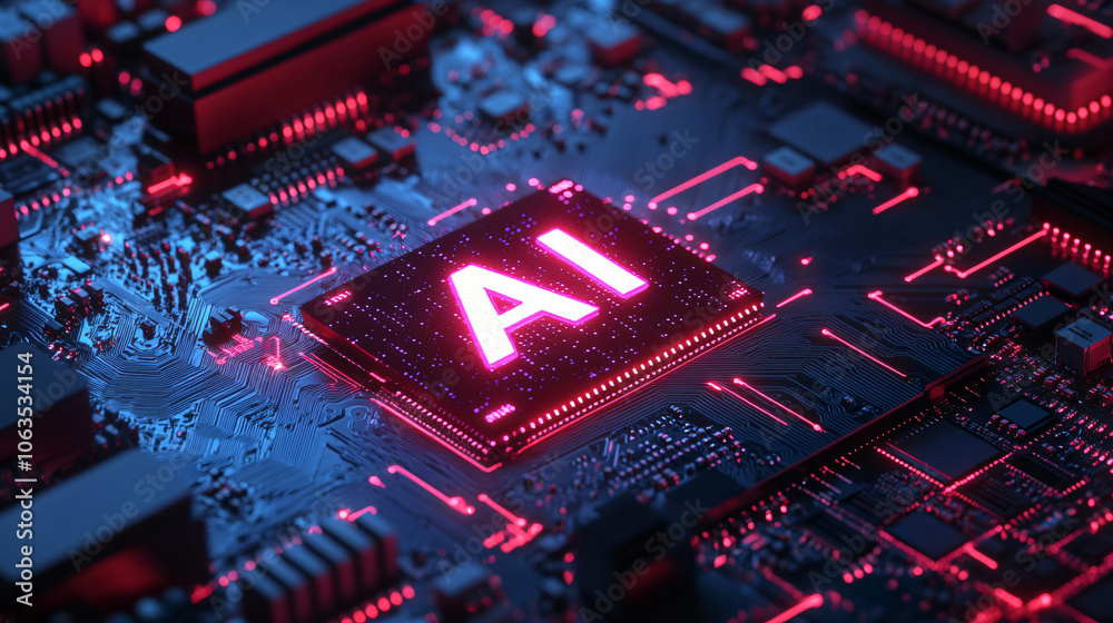 Fototapete up-close look at a circuit board with a glowing ai chip, representing the capabilities and promise o