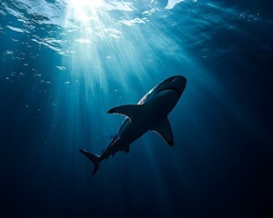 Obraz premium Majestic Shark Gliding Through the Depths of the Dark Ocean