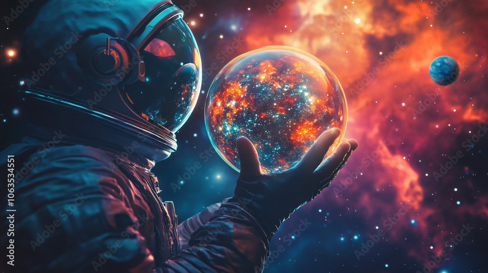 Poster astronaut holding a miniature planet with a vibrant nebula in the backdrop
