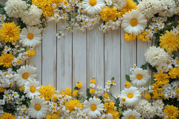 Obraz premium A old wooden plank background with a variety of yellow and white flowers, including daisies on the sides.