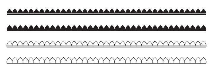 Scallop border, divider vector element. Fabric laces silhouette. Repeat cute vintage frill ornament. Texture ribbons. isolated on white background. Vector illustration . EPS 10 