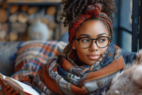 A woman with glasses sits on a sofa, wrapped in a colorful scarf, holding an open book, looking out a window with a thoughtful expression.