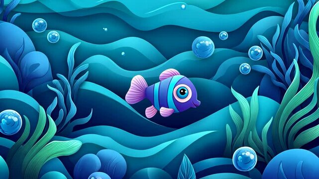 A bright blue fish swims through the underwater world, surrounded by seaweed and bubbles