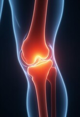 A close-up illustration shows a glowing red human knee joint against a dark background