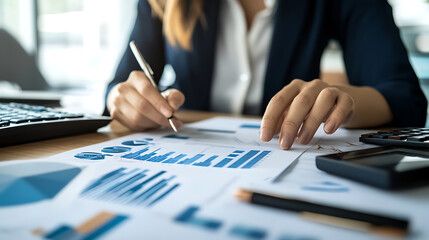 Fototapeta premium A woman in a financial advisory role sits at a desk, engaged in conversation with her client, discussing paperwork and financial graphs 