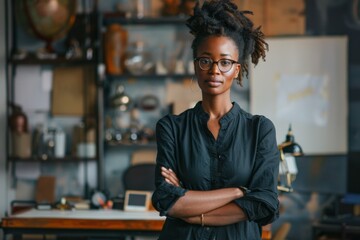 A female interior designer stands confidently in a stylish workspace, holding eyeglasses. She exudes professionalism and creative flair.