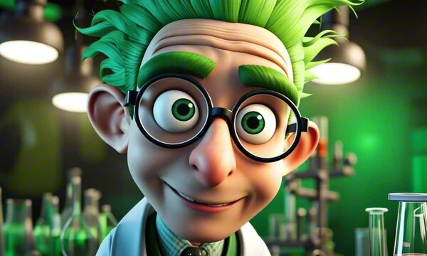 3d mad scientist with green hair cartoon character digital art