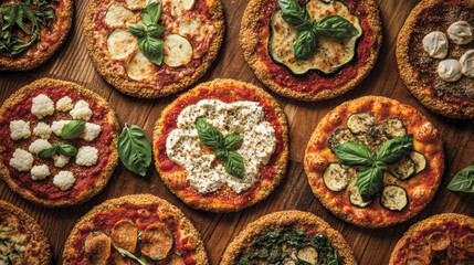 Assortment of gourmet cauliflower crust pizzas with fresh toppings