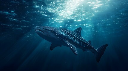 Fototapeta premium Majestic Whale Shark Swimming Through Plankton Rich Sunlit Waters of the Ocean