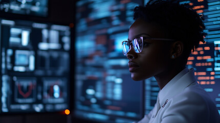 A Black cyber professional assesses threat intelligence on a glowing array of monitors, their expertise and presence in the sleek, modern tech office serving as a reminder of the e