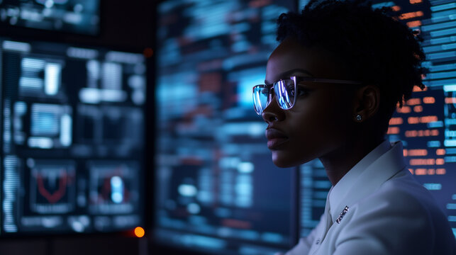 A Black cyber professional assesses threat intelligence on a glowing array of monitors, their expertise and presence in the sleek, modern tech office serving as a reminder of the e