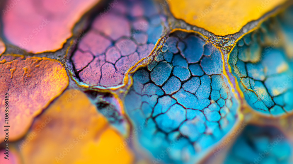 Aufkleber close-up macro photo of cracked paint in vibrant colors, forming abstract pattern with rough texture