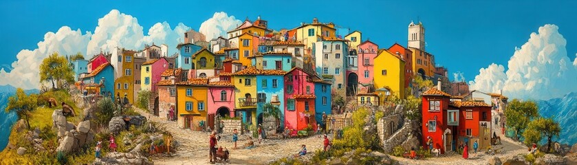 Fototapeta premium Cheerful medieval hill town with multicolored homes, children playing in the streets, lively community scene, vibrant village life