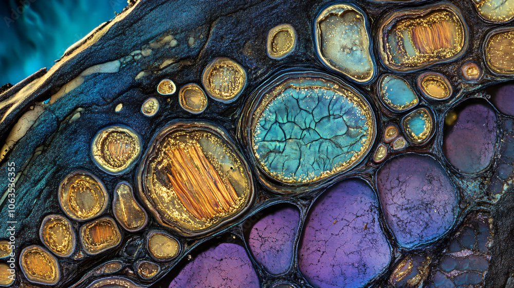 Aufkleber Colorful abstract pattern resembling organic cells with gold particles is forming a beautiful texture