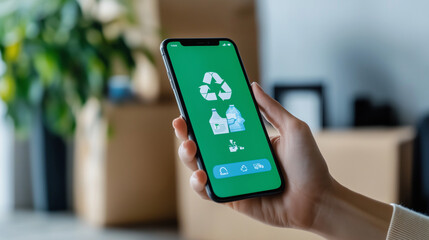 A colorful app interface displays personalized notifications for recycling pickups and waste reduction tips, combining eco-themed visuals with user-friendly features to encourage g